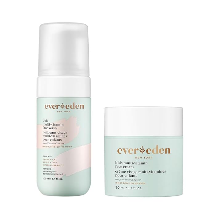 Evereden Kids Happy Face Duo (Melon Juice) - Multi-Vitamin Face Wash &amp Face Cream Set - Clean &amp Vegan Skin Care for Kids 3+ - Moisturizing Nourishing &amp Protective Skin Care Set