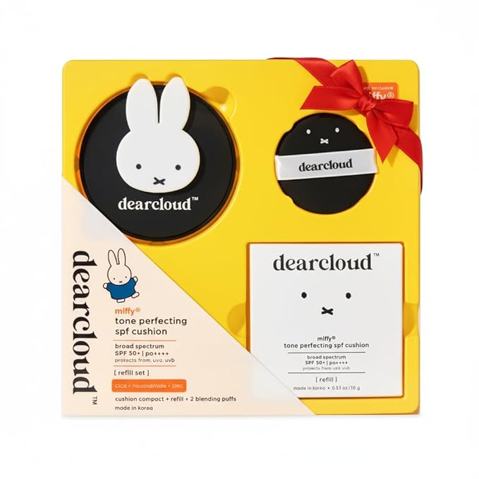 dearcloud Miffy Dear Sun Tone Perfecting SPF Cushion Refill Set SPF 50+ ? Color Adapting Sunscreen Korean Sunscreen SPF 50 (.53 oz)