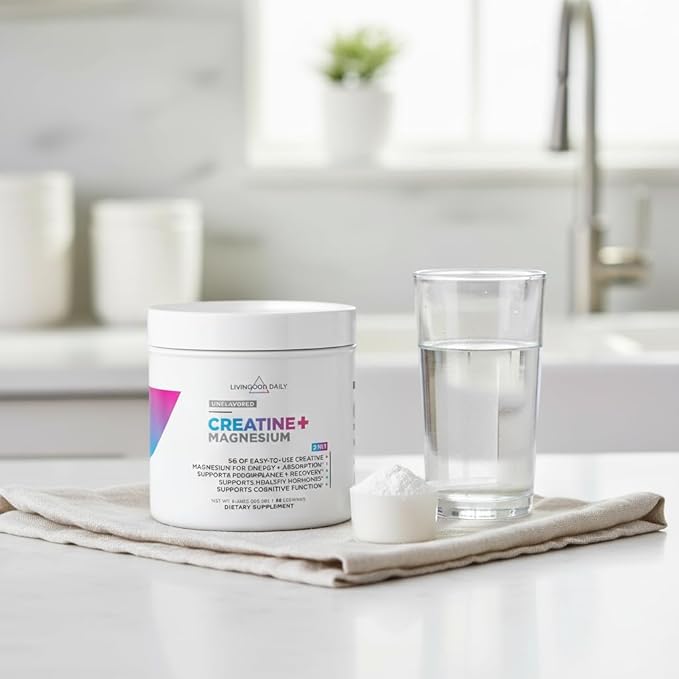 Livingood Daily Creatine + Magnesium Powder Unflavored | 5g Micronized Creatine Monohydrate with Magnesium for Energy Muscle Recovery &amp Performance | 30 Servings