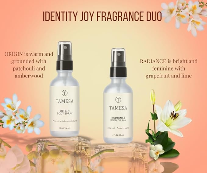 Identity Joy Fragrance Duo ? Radiance Citrus Mist + Origin Patchouli Amberwood Body Spritzer Set Long-Lasting Hydrating Clean Beauty Perfume Bundle for Women Vegan &amp Cruelty-Free
