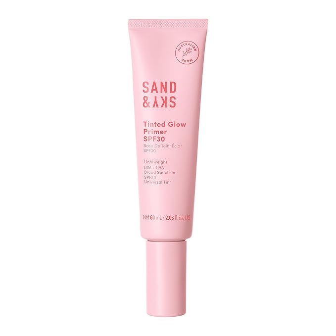 Sand &amp Sky Tinted Glow Primer SPF 30 Sunscreen - Australian Made Daily Hydrating Makeup Primer with Broad Spectrum Sun Protection &amp Sheer Rosy Tint | Improves Pigment Firms Skin Minimizes Ro