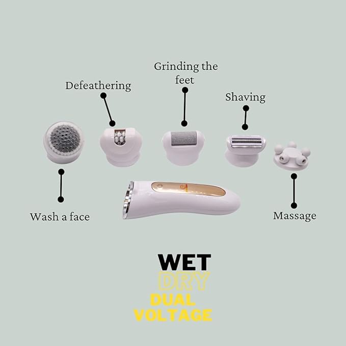 Epitome 5-in-1 Hair Removal Epilator with Facial Cleanser and Shaver attachments Wet/Dry with Built-in Light