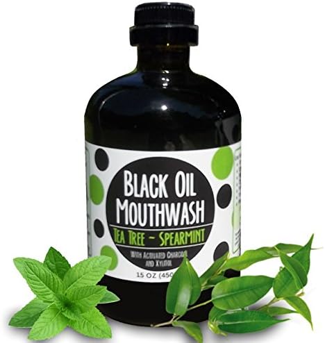 Coconut/Avocado/Sesame Black Oil Mouthwash Sweet &amp Delicious with Charcoal &amp Xylitol for Oil Pulling 15 oz Black Oil Mouthwash Glass Bottle (Tea Tree - Spearmint)