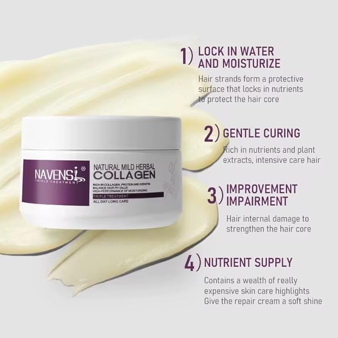 Navensi Natural Mild Herbal Collagen Triple Treatment Hair Care Moisturizing with Protein and Keratin pH Balancing hair mask. 16.9 floz