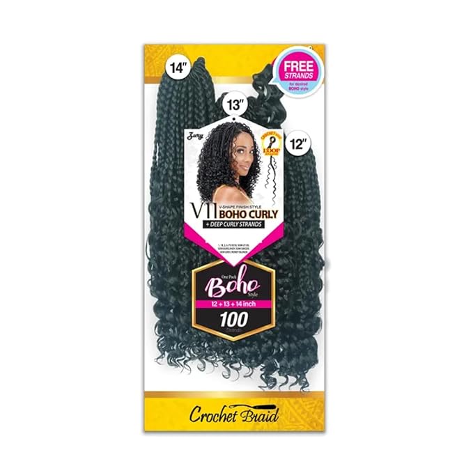 Royal Zury Crochet Briad V-shape Finish Style V11 Boho Curly (12+13+14) (Jet Black 1)
