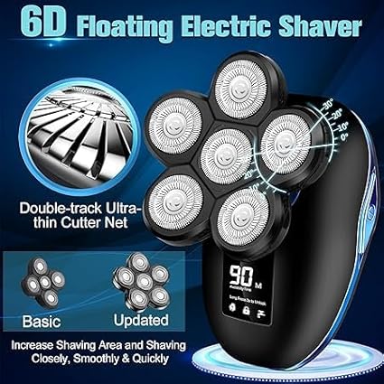 Head Shaver for Bald Men 6-in-1 Electric Shaver for Bald Head 6D Wet/Dry Waterproof Mens Electric Razor Head Shavers with Grooming Kit Cordless Rechargeable Face Head Shaving Rotary Shavers Blue