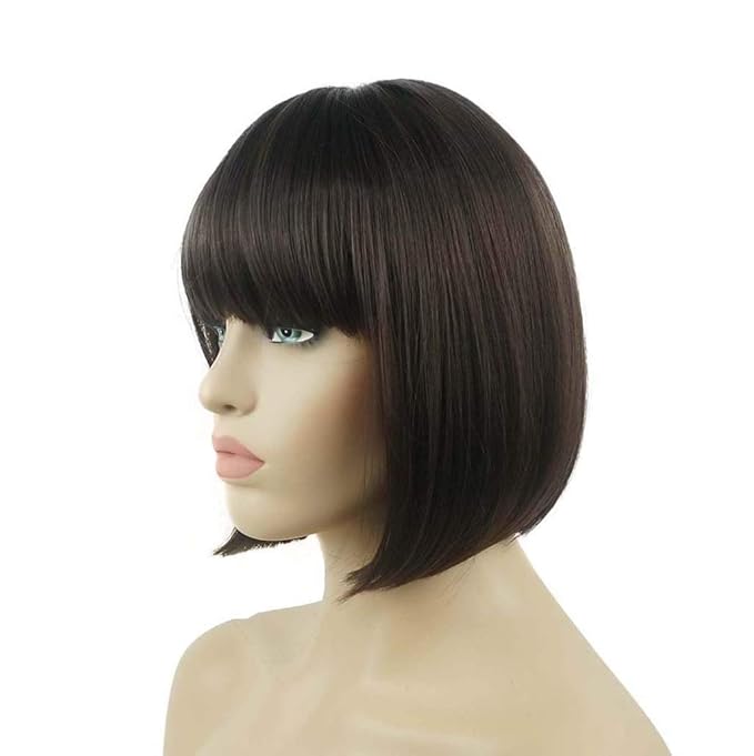 Lydell 8 Straight Short Bob Hair Flat Bangs Cute Central Dot Skin Top Heat Resistant Synthetic Wigs (6 Chestnut Brown)