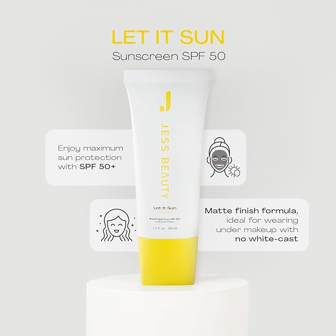 JESS BEAUTY | Let it Sun 50+ Sunscreen Green Tea &amp Aloe Extract | Skincare Sun Protection 1.7 fl oz