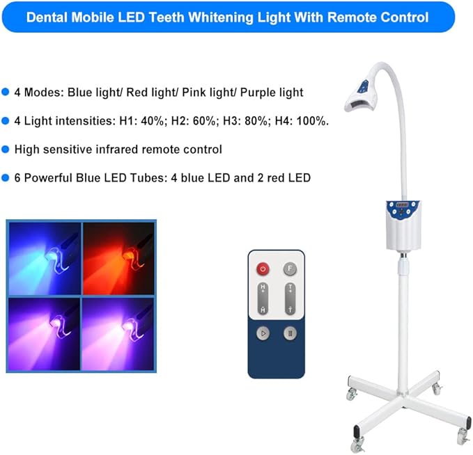 4 Color Teeth Whitening Machine LED Light Mobile Dental Teeth Whitening Lamp Bleaching Cold Light Tooth Whitener with Remote Control