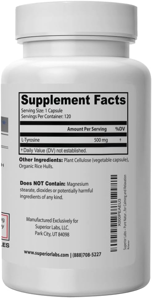 Superior Labs L-Tyrosine 500 mg Pure Non-GMO Nootropic Amino Acid High Absorption Mood &amp Focus Support Stress Relief Cognitive &amp Mental Clarity Thyroid &amp Alertness Support120 Veg Ca