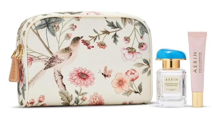 AERIN Mediterranean Honeysuckle Essentials Gift Set.- Eau de Parfum 1 fl oz / 30 ml Rose Lip Conditioner full-size and Canvas Cosmetic Bag
