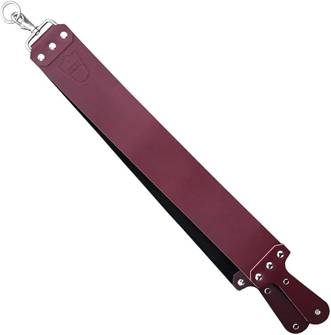 Parker Handmade Latigo Leather Strop for Straight Razor &amp Knife Sharpening ? USA Made Paddle Handle w/Brass Chicago Screws Twin Canvas &amp Leather Straps (3??× 27?? (RED)