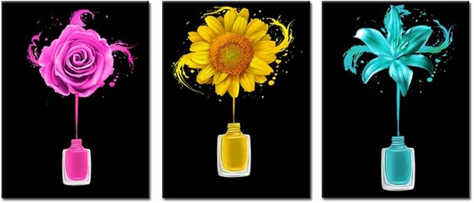 KREATIVE ARTS Manicure and Nail Art Wall Decor for Salon Room Canvas Prints Frame Art Nail Polish Brushes Posters Roses Sunflowers and Lily Pictures Flowers Painting Walls Decoration Ready to Hang