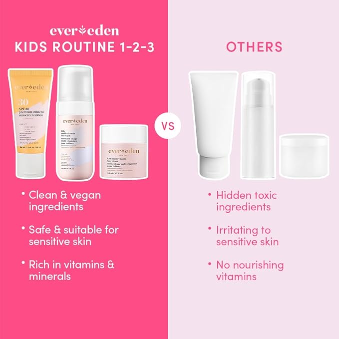Evereden Kids Daily 1-2-3 Routine Bundle: Clean &amp Vegan Skin Care Set - Hydrating &amp Nourishing Tween Skincare Set with Multi-Vitamin Face Wash Face Cream Lotion &amp SPF 30 Mineral Sunscre