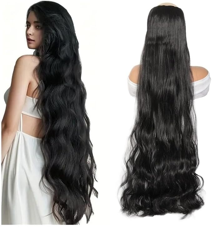 Hair Extensions 40 Inch Ultra Long Wavy Hair Clip in Hair Extensions One Piece Long Thick Synthetic Hairpieces with 5 Clips for Party Cosplay and Various Occasions Hair Extensions Clip in(Black)