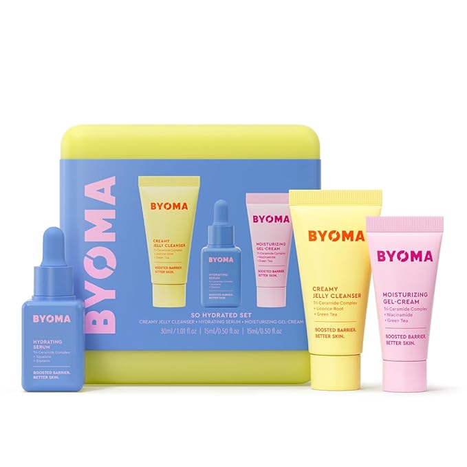 BYOMA So Hydrating Set - Barrier Repair Skincare Set - Creamy Jelly Cleanser Hydrating Face Serum &amp Ceramide Face Moisturizer for Dry Skin - Anti Wrinkle Alcohol Free Skin Care - 30ml 15ml 15m