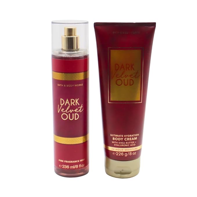 Bath &amp Body Works DARK VELVET OUD Fine Fragrance Mist &amp Ultimate Hydration Body Cream 2-piece Gift Set with a Red Bow for Holidays ? Full Size
