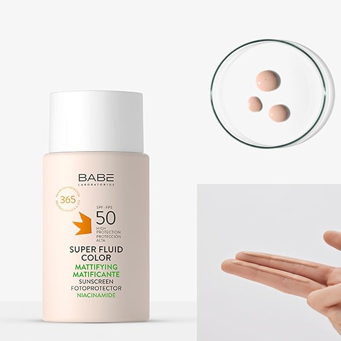 Babe Super Fluid Color Mattifying SPF 50 ? Tinted Facial Sunscreen for Oily Skin ? Oil-Free Lightweight Broad Spectrum UVA/UVB Protection ? With Niacinamide &amp Carnosine ? 50ml