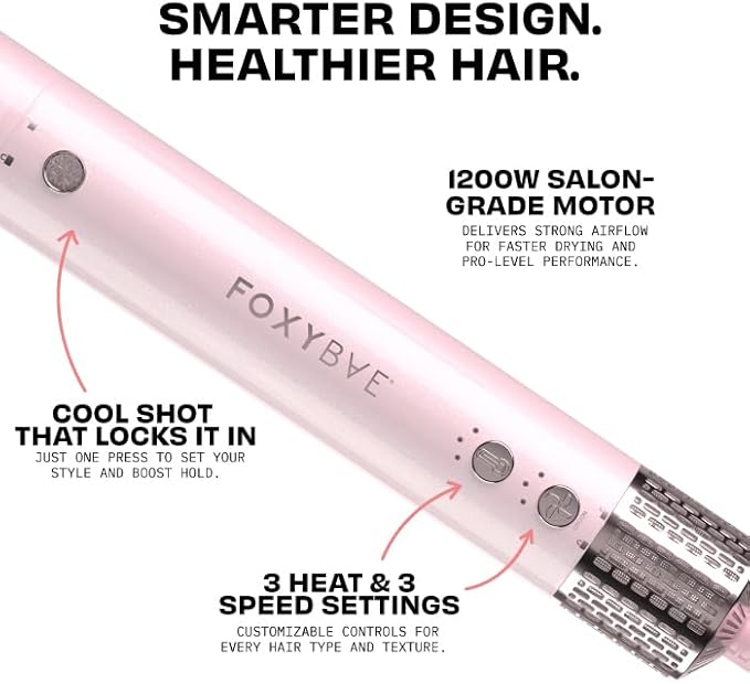FoxyBae Super Styler Pro Interchangeable Hair Styler Wand Curling Iron Set - w/Drying Cylinder Ceramic Blowout &amp Round Brushes 2 Auto-Wrap Curlers - Frizz-Free Smooth Hair (Blush)