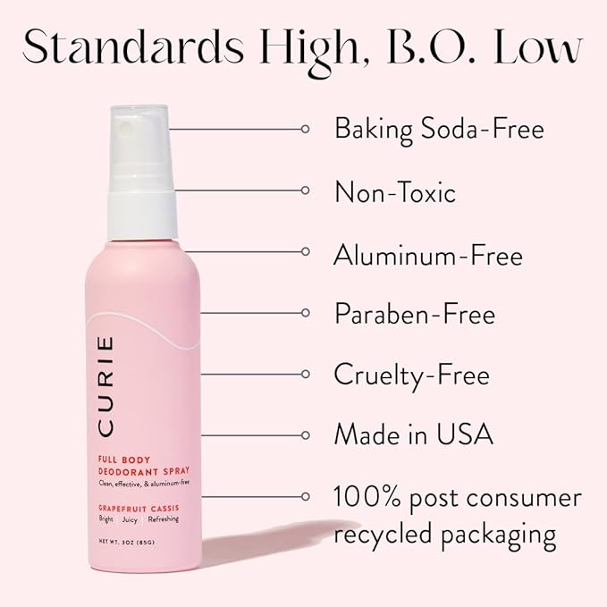 Curie Full Body Spray Deodorant for Men and Women Aluminum Free Deodorant with No Baking Soda 3oz (Grapefruit Cassis)