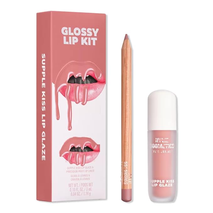 KYLIE Glossy Lip Kit contoured shades + glossy finish | Color Comes Naturally a Soft Pink Nude - 2 piece Liner and Glaze Set 0.04oz Crayon | 0.10 fl oz Gloss