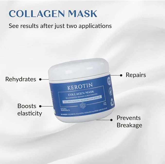 Kerotin Collagen Hair Mask - Hair Treatment Conditioner with Keratin Collagen and Vitamin E Repair Damaged Hair Prevent Breakage and Control Frizz. Made in the USA (16 fl oz 2 units)
