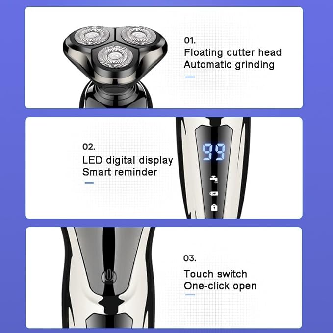 Head Shaver for Men 3 in 1 Electric Shaver Nose Hair Trimmer USB Rechargeable Portable Razor 3D Floating Blade Digital Display Shaving Beard Machine 3 in 1 Kits