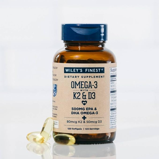 Wiley's Finest Wild Alaskan Fish Oil Vitamin K2 &amp D3 Softgels - 500mg of EPA and DHA Omega-3s for Bone and Heart Health Support - 120 Softgels (120 Servings)