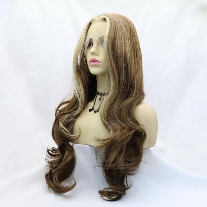 Highlight Wigs Brown Stripe Blonde Synthetic Lace Front Wig Heat Resistant Fiber Long Wavy Wigs Middle Part Wigs