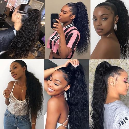 26 Inch Drawstring Human Hair Ponytail Extension Natural Black for Women Water Wave Pony tail Clip in Extensions Corn Wave Ponytail 100% Unprocessed Brazilian Human Hair
