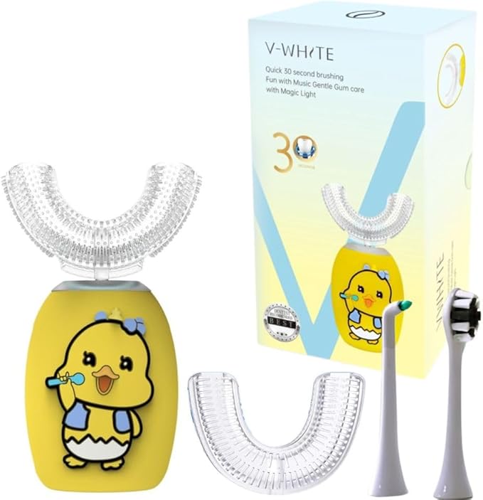V-WHITE Ultrasonic U-Shaped Toothbrush For Teeth Whitening Electric Toothbrush - 360° Mouth Cleansing Hands Free Gums Protection - Wireless Charging - Waterproof IPX7 Certified (YELLOW - KIDS KIDS)