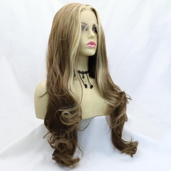 Highlight Wigs Brown Stripe Blonde Synthetic Lace Front Wig Heat Resistant Fiber Long Wavy Wigs Middle Part Wigs