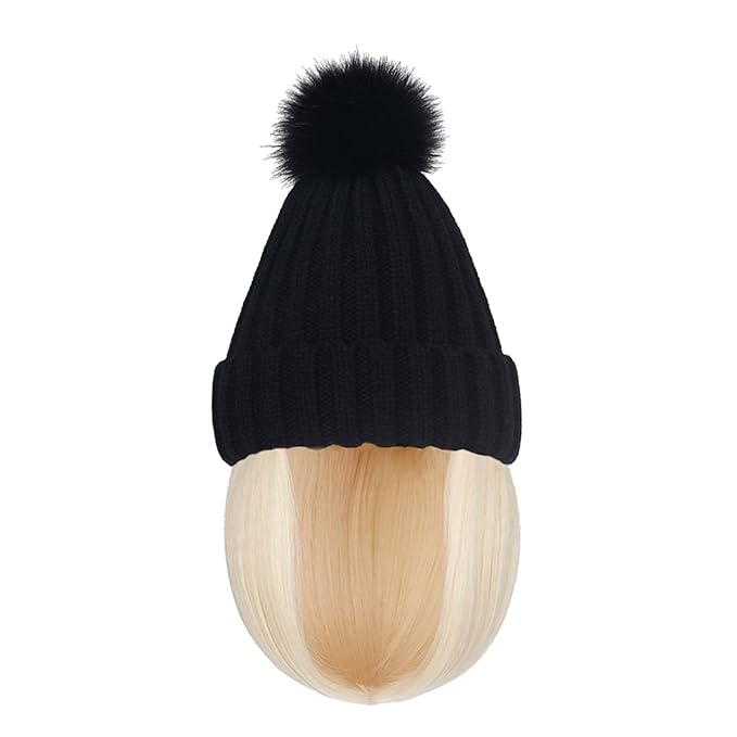YEKEYI Warm Knitted Beanie Hat with Hair Straight Hair Extension Synthetic Hairpiece Beanie Wig Hair Extensions
