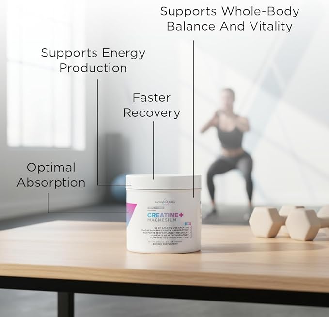 Livingood Daily Creatine + Magnesium Powder Unflavored | 5g Micronized Creatine Monohydrate with Magnesium for Energy Muscle Recovery &amp Performance | 30 Servings