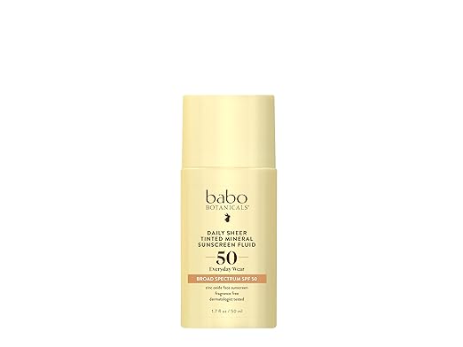 Babo Botanicals Daily Sheer Tinted Mineral Sunscreen Fluid SPF50 - Natural Zinc Oxide - Passion Fruit Oil - Golden-Hued Tint - Fragrance Free - Ultra-Lightweight - For Face - For all ages