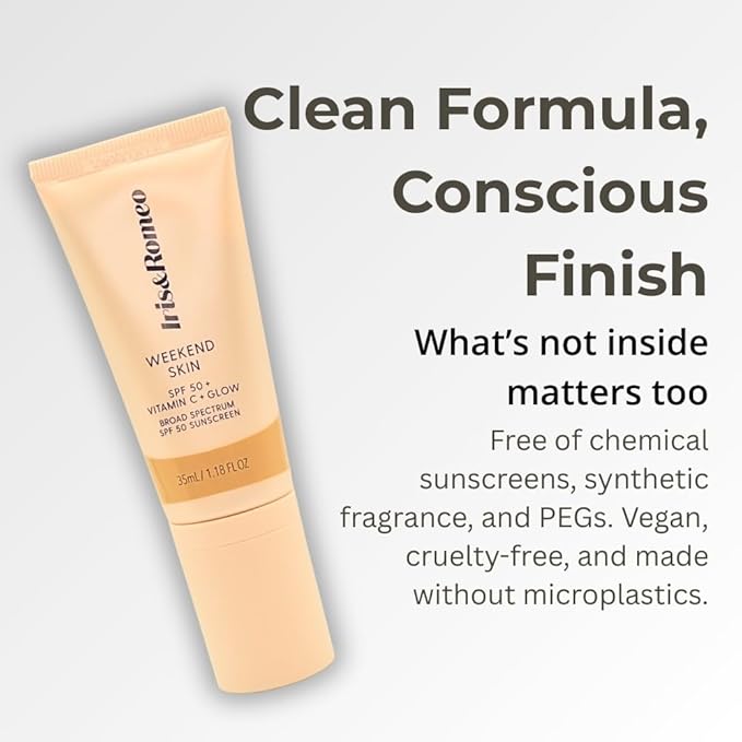 IRIS&ampROMEO Weekend Skin SPF 50 Instant Glow Tinted Mineral Sunscreen with Vitamin C + Niacinamide Full Size 1.18 Oz - Universal Glow (Sheer Luminosity)