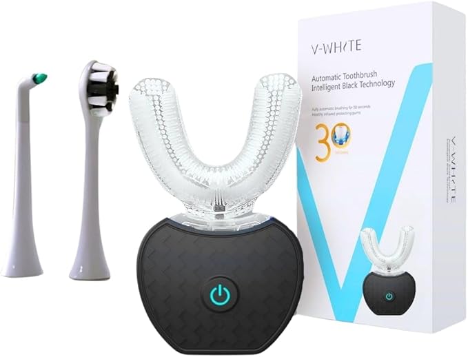 V-WHITE Ultrasonic U-Shaped Toothbrush for Teeth Whitening Electric Toothbrush For Adults - 360° Mouth Cleansing Hands Free Gums Protection - Wireless Charging &amp LED Light -Waterproof IPX7 Certi