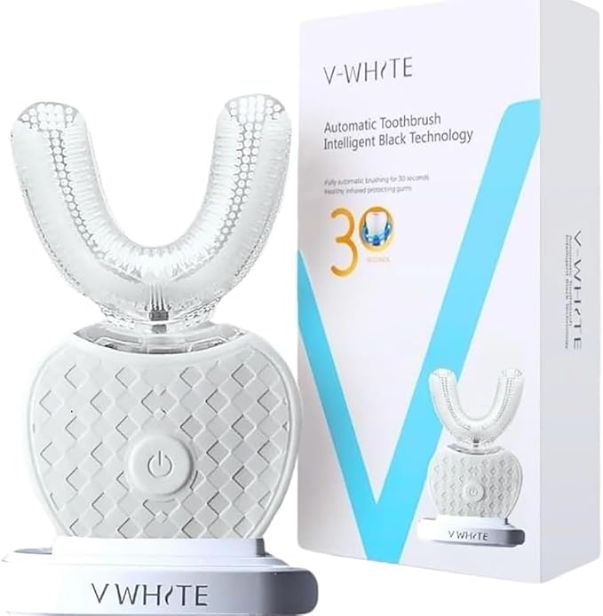 V-WHITE Ultrasonic U-Shaped Toothbrush for Teeth Whitening Electric Toothbrush For Adults - 360° Mouth Cleansing Hands Free Gums Protection - Wireless Charging &amp LED Light -Waterproof IPX7 Certi
