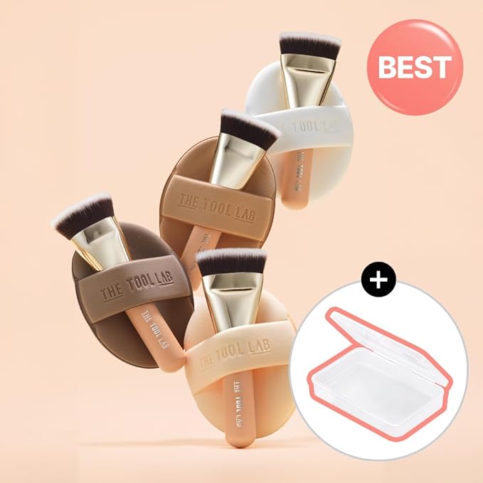 THE TOOL LAB All Day Fitting Duo (Glow type) - Premium Base Makeup Set for Liquid Cream Powder Foundation Buffing Blending Face Brush Sponge Portable Case - 1.1 Flat Top Brush