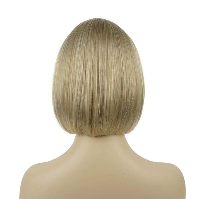 Lydell 8 Straight Short Bob Hair Flat Bangs Cute Central Dot Skin Top Heat Resistant Synthetic Wigs (15BT613 Blonde Mix)