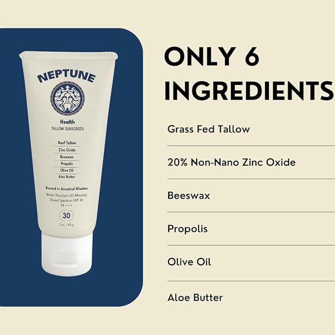 Neptune Non-Toxic Sunscreen - Grass Fed Beef Tallow Zinc Oxide Mineral Based Sunscreen with Propolis for Skin Healing and Moisturization