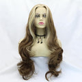 Highlight Wigs Brown Stripe Blonde Synthetic Lace Front Wig Heat Resistant Fiber Long Wavy Wigs Middle Part Wigs