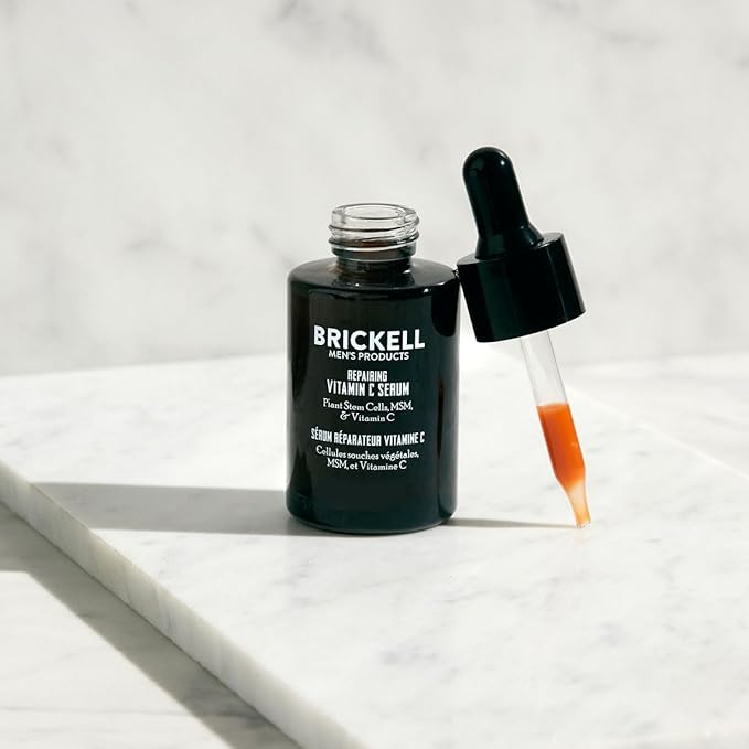 Brickell Men's Anti Aging Vitamin C Serum For Face Repairing Night Facial Serum for Men Natural and Organic Hyaluronic Acid Serum For Face to Diminish Wrinkles and Reduce Redness 1 Ounce Unscented