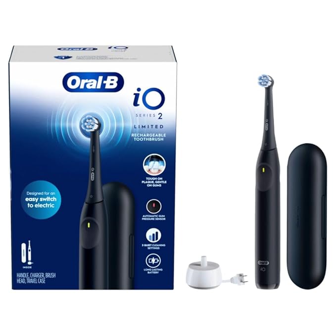 Oral-B iO Simple Clean Rechargeable Electric Powered Toothbrush Night Black with 1 Gentle Care Brush Head and 1 Black Travel Case - Automatic Pressure Sensor to Protect Gums - 3 Modes - 2 Min Timer