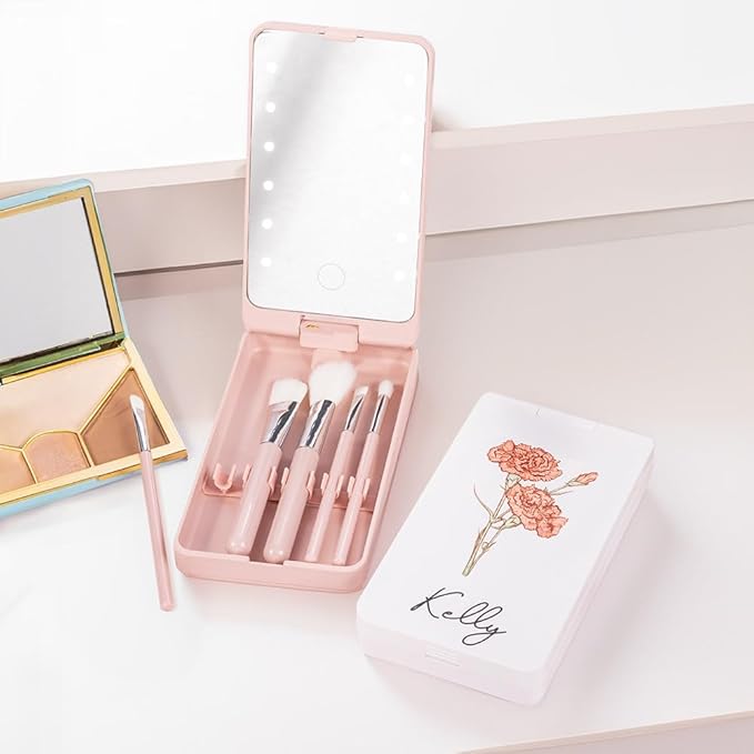 Custom Travel Makeup Brush Set Personalized Name Birth Flower Makeup Brush Case With Rotatable LED Light Mirror 5 Pcs Makeup Brushes Valentine Mother's Day Gifts For Women Black White Pink
