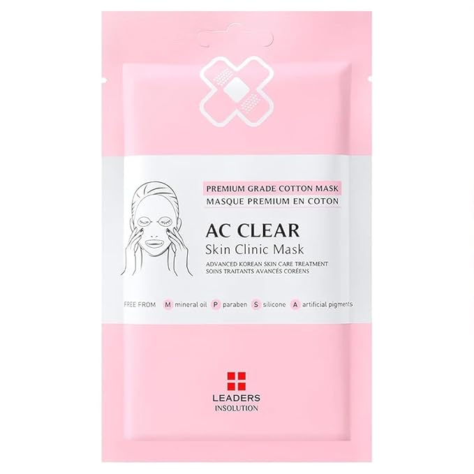 Leaders Insolution AC Clear Skin Clinic Mask | Snail Secretion &amp Tea Tree Oil for Acne Redness Oil Control | 100% Cotton Bemliese Sheet | Balances &amp Soothes Sensitive Skin (5 Sheets)