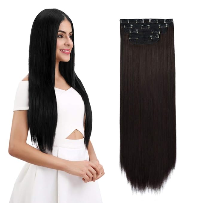 REECHO 20 Straight Long 4 PCS Set Thick Clip in on Synthetic Hair Extensions Dark Brown with Little Reddish