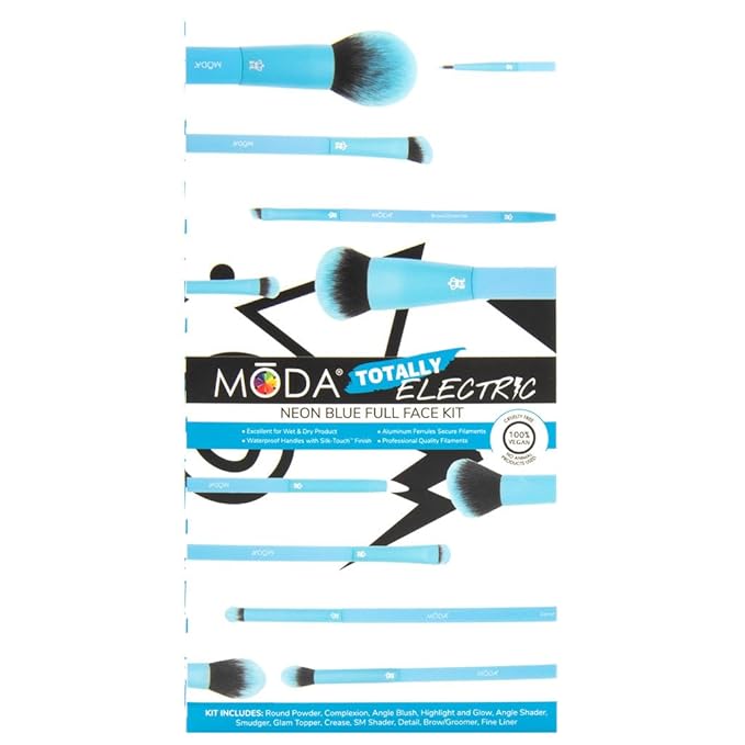 MODA Totally Electric Neon Blue Full Face Makeup Brush Kit ? 13pc Vibrant Brush Set for Face &amp Eyes with Zip Case