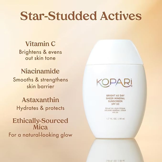 Kopari Bright as Day Sheer Mineral Sunscreen SPF 50 100% Mineral Facial Sunscreen with Vitamin C &amp Niacinamide Sheer Finish All Skin Tones 1.7 oz