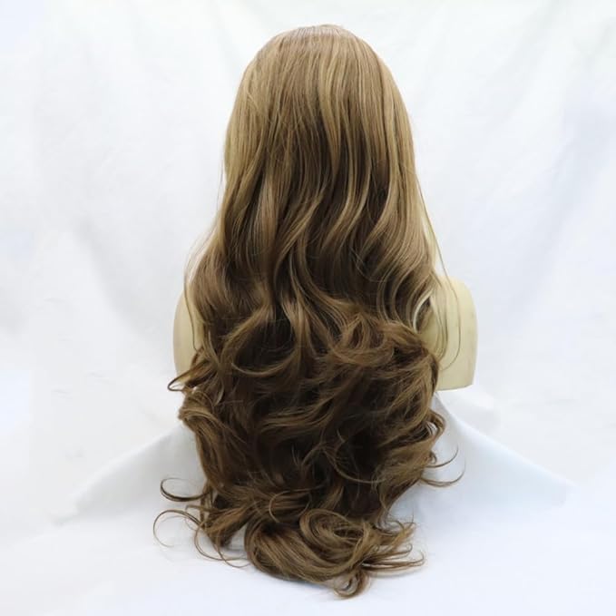 Highlight Wigs Brown Stripe Blonde Synthetic Lace Front Wig Heat Resistant Fiber Long Wavy Wigs Middle Part Wigs
